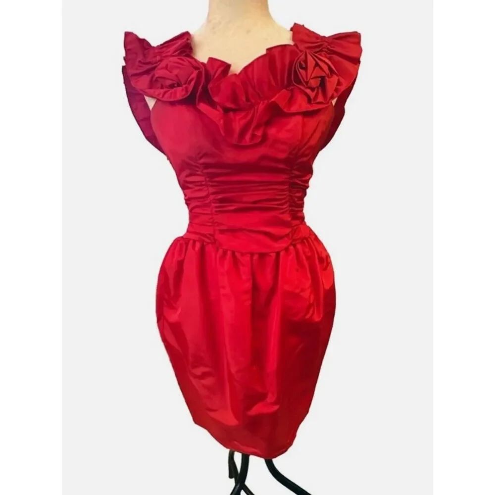 Jessica McClintock Gunne Sax Vintage 80s Red Party Cocktail Dress taffeta rose